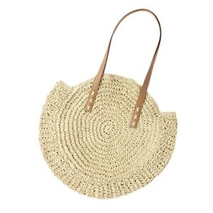 Tan Hand-Woven Round Straw Shoulder Bag-Zipper Closure